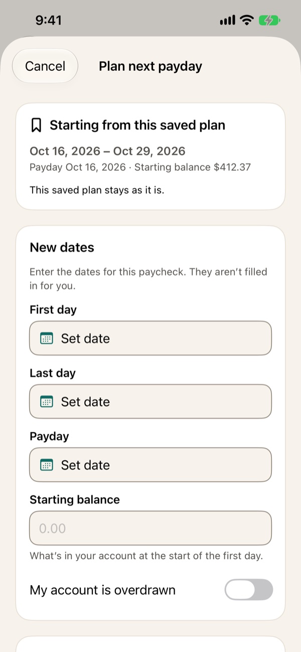 PayLeft Pro Plan next payday screen: starting from a saved plan, with new dates and a starting balance to enter.